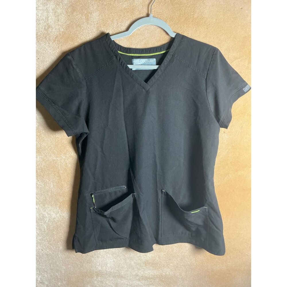 Med Couture Air Scrub Top Charcoal Gray‎ V-Neck Short Sleeve Pockets Size L